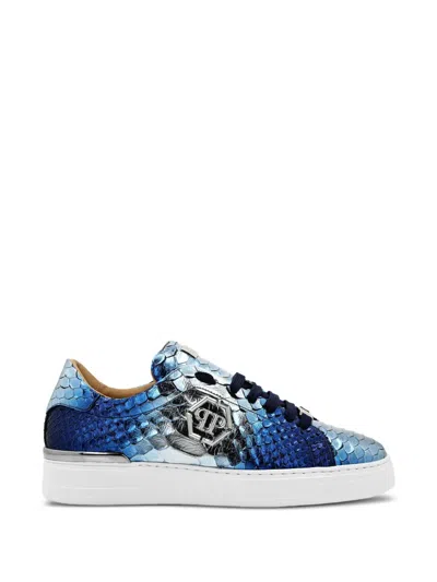 Philipp Plein Snakeskin-effect Metallic Sneakers In Blue