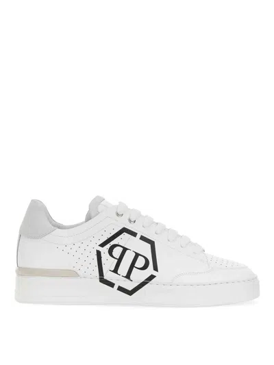 Philipp Plein Perforated Leather Sneakers Logo Detail In White