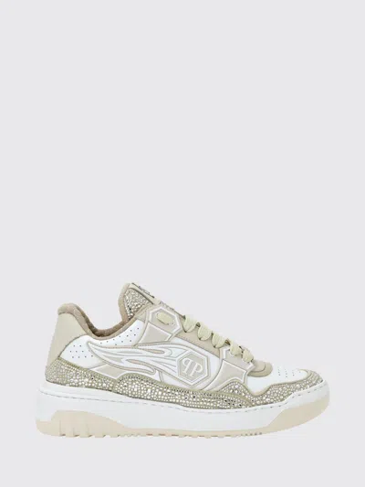 Philipp Plein Mix Leather Lo-top Sneakers Strass Hexagon Rhinestone Women In Gray