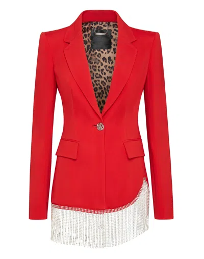 Philipp Plein Sophia Full Color Crystal Blazer Fringe In Red