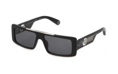 Pre-owned Philipp Plein Spp003v 0700 Sunglasses Shiny Black Frame Smoke Lenses 58mm In Gray