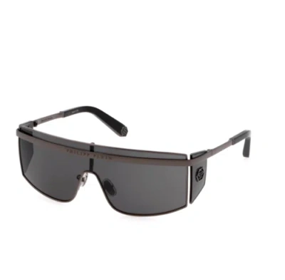Pre-owned Philipp Plein Spp013m 0568 Sunglasses Shiny Gunmetal Frame Grey Lenses 99 Mm In Gray