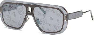 Pre-owned Philipp Plein Spp050 568l Sunglasses Glossy Bakelite Frame Mirror Lenses 99mm In Silver