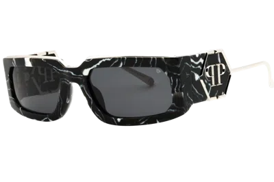 Philipp Plein Spp119m Marble-textured Rectangular Sunglasses In Black