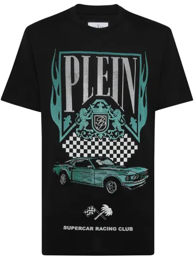 Philipp Plein Ss Strass Flame Racing T-shirt In Black
