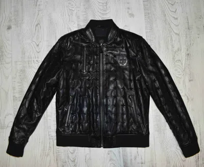 Pre-owned Philipp Plein Star Embossed Black Lambskin Men's Genuine Leather Jacket