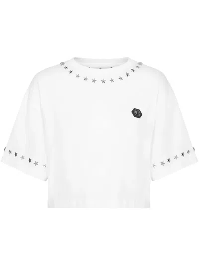 Philipp Plein Star-studded Cotton Cropped Top In White