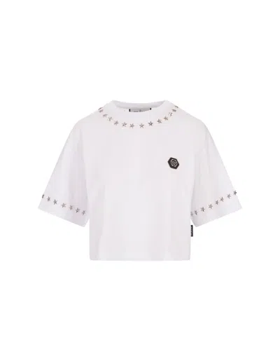 Philipp Plein Star-studded Cotton Cropped Top In White