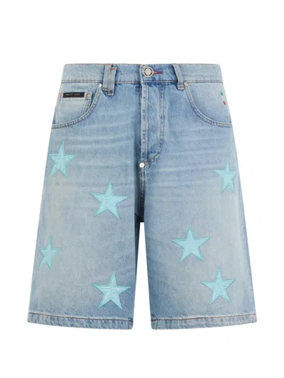 Philipp Plein Star-patch Denim Shorts In Blue