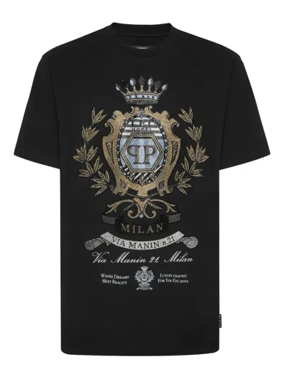 Philipp Plein Stones Crest-embellished T-shirt In Black