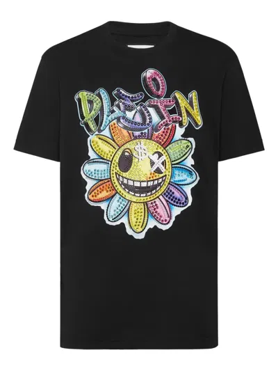 Philipp Plein Stones Smile Crystal-embellished Flower T-shirt In Black
