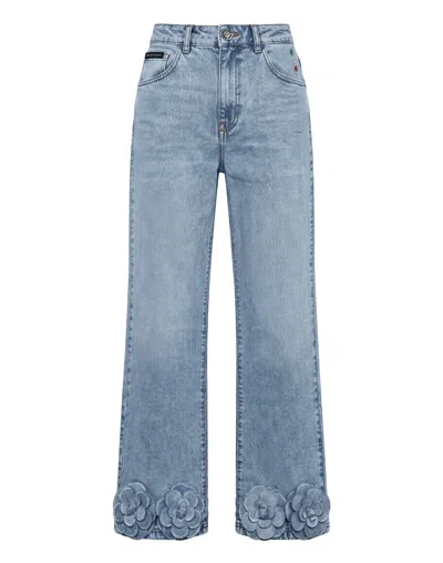 Philipp Plein Straight Cut Jeans Roses Strass In Multi