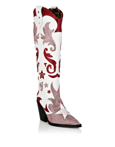 Philipp Plein Strass Cow Boy Boots Mid Heels High Stars In White