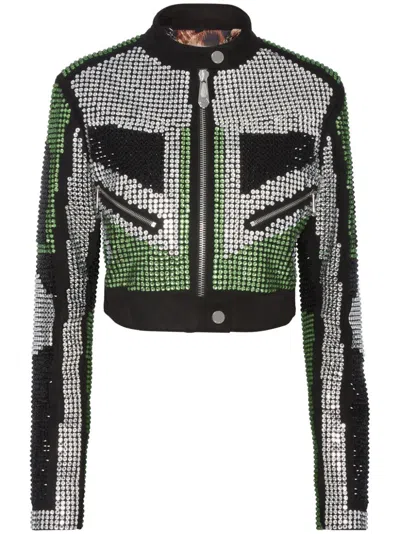 Philipp Plein Strass Cropped Biker Jacket In Silver