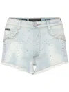 Philipp Plein Strass Denim Shorts In Blue