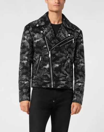 Philipp Plein Strass Leather Biker Jacket Camouflage Men In Black