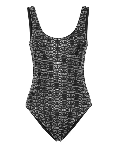 Philipp Plein Embellished Monogram Swimsuit In Black