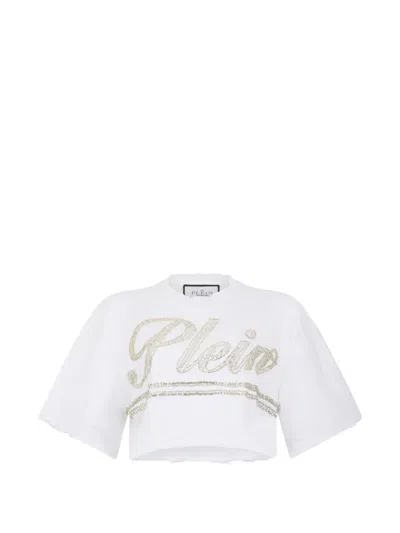 Philipp Plein Strass Signature Cropped T-shirt In White