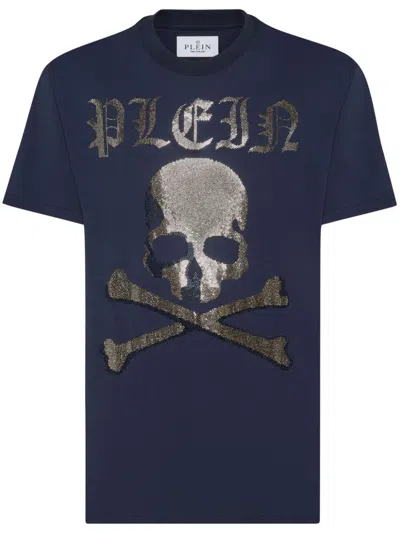 Philipp Plein Strass Skull & Bones T-shirt In Blue