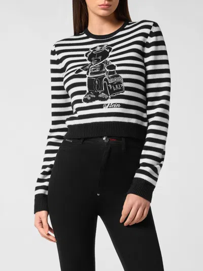 Philipp Plein Striped Cotton Crewneck Jumper With Teddy Bear Print In Multi