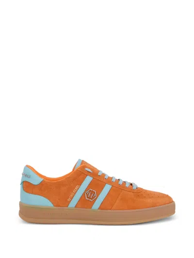 Philipp Plein Striped Suede Sneakers In Orange