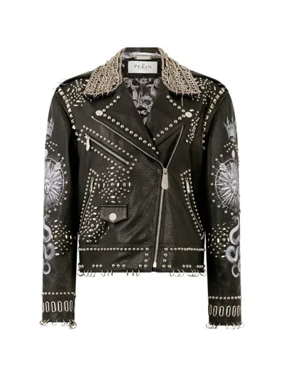 Philipp Plein Oversized Biker Jacket Studs Butterfly Tattoo In Black