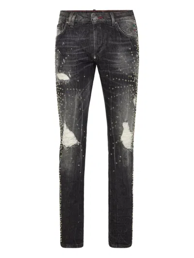 Philipp Plein Studded Distressed Jeans In Gray