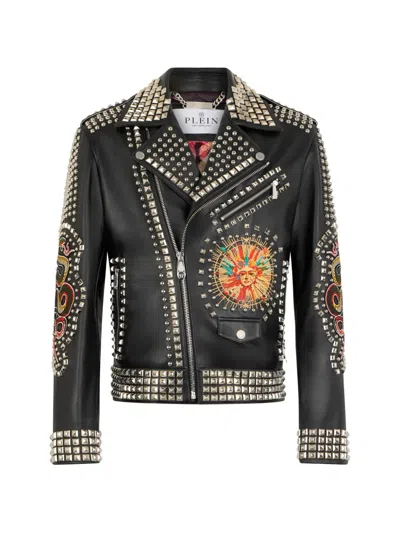 Philipp Plein Studded Embroidered Leather Jacket In Multi