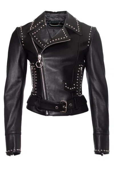 Pre-owned Philipp Plein Studded Leather Biker Jacket In Black
