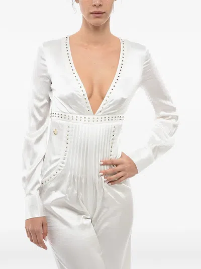 Philipp Plein Stud-embellished Satin Jumpsuit In White
