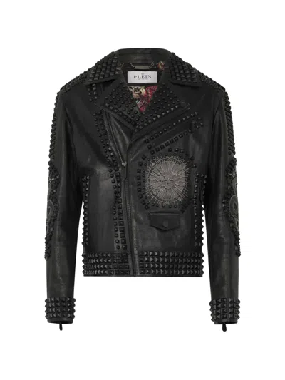 Philipp Plein Studs Embroidered Leather Biker Jacket In Black