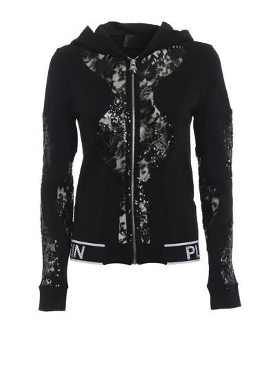 Philipp Plein Akhya Hoodie With Sequined Tulle In Black