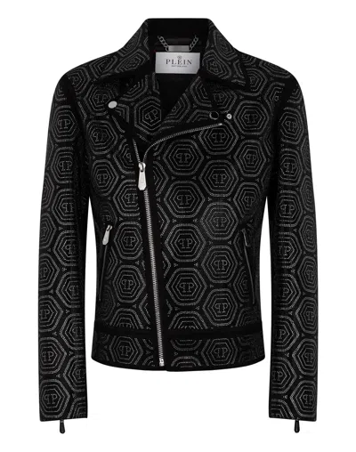 Philipp Plein Suede Biker Jacket Monogram Stones In Black