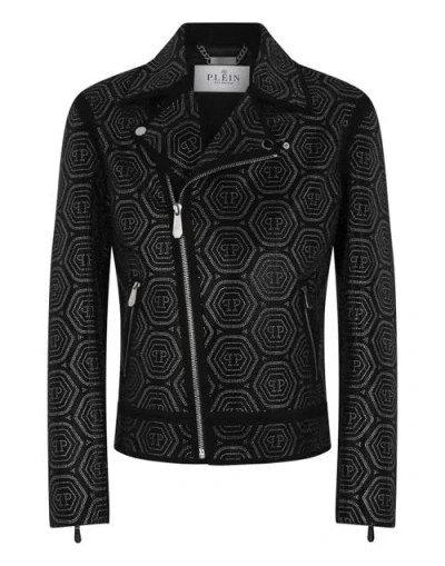 Philipp Plein Suede Biker Jacket Monogram Stones Men In Black