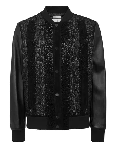 Philipp Plein Suede Bomber Jacket Ls Strass In Black