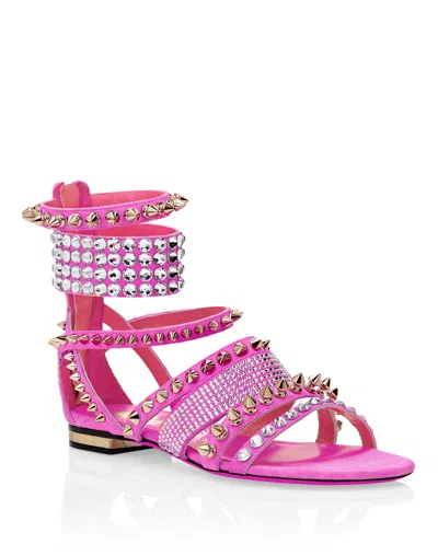Philipp Plein Suede Sandals Flat Studs In Pink