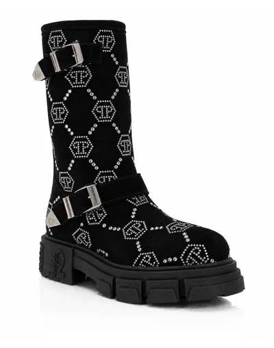Philipp Plein Suede Strass Boots Flat High Monogram In Black