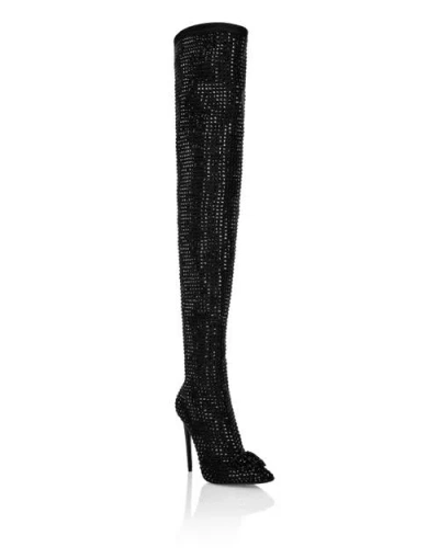 Philipp Plein Suede Strass Boots Hi-heels Overknees Gothic Plein Women In Black