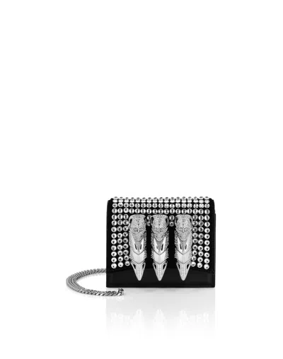 Philipp Plein Suede Strass Leather Shoulder Bag Skull In Black