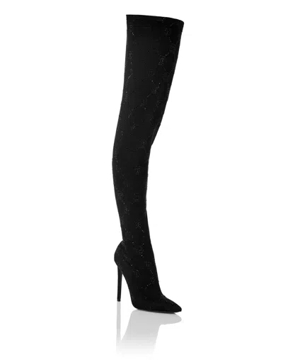 Philipp Plein Suede Stretch Boots Hi-heels Plein Overknees Monogram