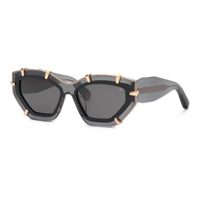 PHILIPP PLEIN PHILIPP PLEIN SUNGLASSES CAT EYE FULL RIM, TRANSPARENT GREY/GOLD FRAME AND SMOKE LENS