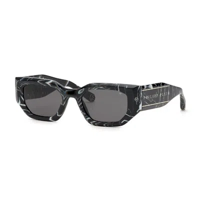 Philipp Plein Sunglasses Geometric Full Rim, Marbled Black Frame And Grey Lens Spp066m0z21