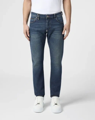 Philipp Plein Super Straight Cut Jeans Basic Cocco Label Men In Blue