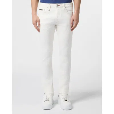 Philipp Plein Super Straight Cut Jeans Embroidery Monogram Men In White