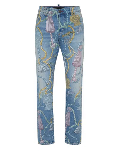 Philipp Plein Super Straight Cut Jeans Tassels In Blue