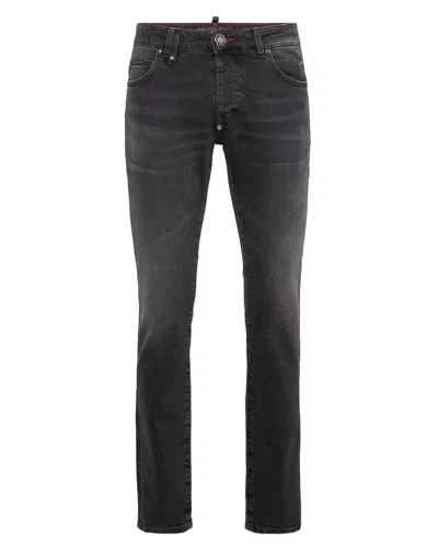 Philipp Plein Super Straight Cut Jeans With Monogram Patches In Gray