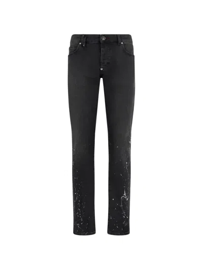 Philipp Plein Super Straight Cut Paint Jeans In Black