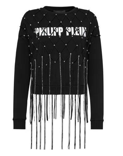 Philipp Plein Sweatshirt Ls Net Crystal Touch Fringe In Black