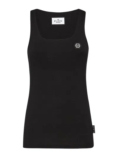 Philipp Plein Sleeveless Square Neck Fitted Tops In Black