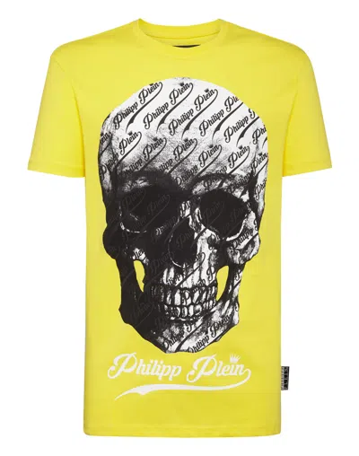 Philipp Plein T-shirt Round Neck Ss Allover Skull In Yellow